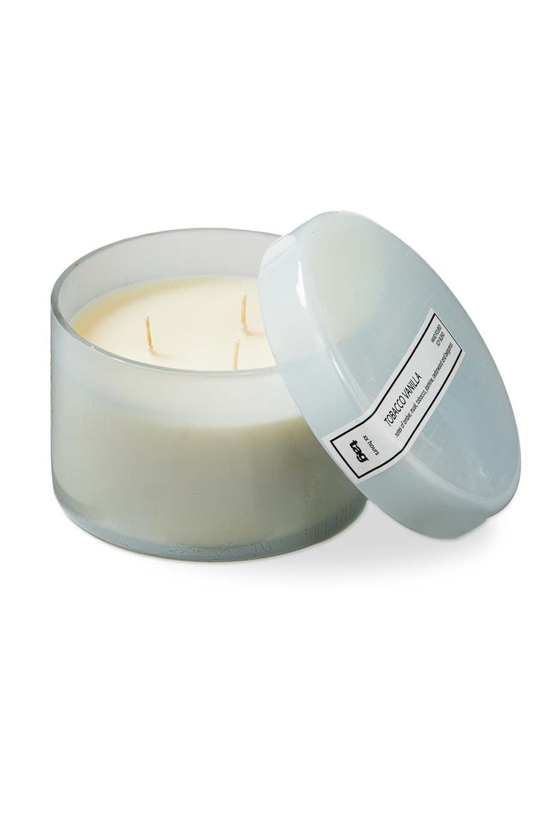 Tobacco Vanilla Scented Candle with Lid Light Blue Jar, Main, color, Blue