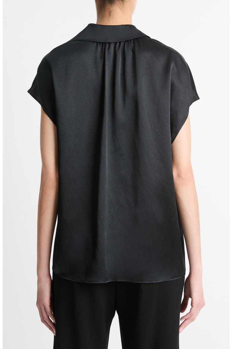 Cap Sleeve Gathered Back Short Sleeve Silk Button-Up Shirt, Alternate, color, BLACK