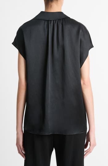 Cap Sleeve Gathered Back Short Sleeve Silk Button-Up Shirt