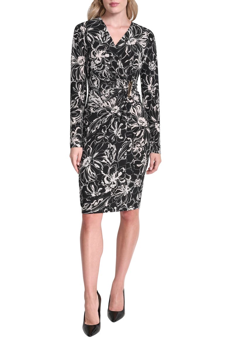 Long Sleeve Faux Wrap Dress, Main, color, BLACK/ IVORY
