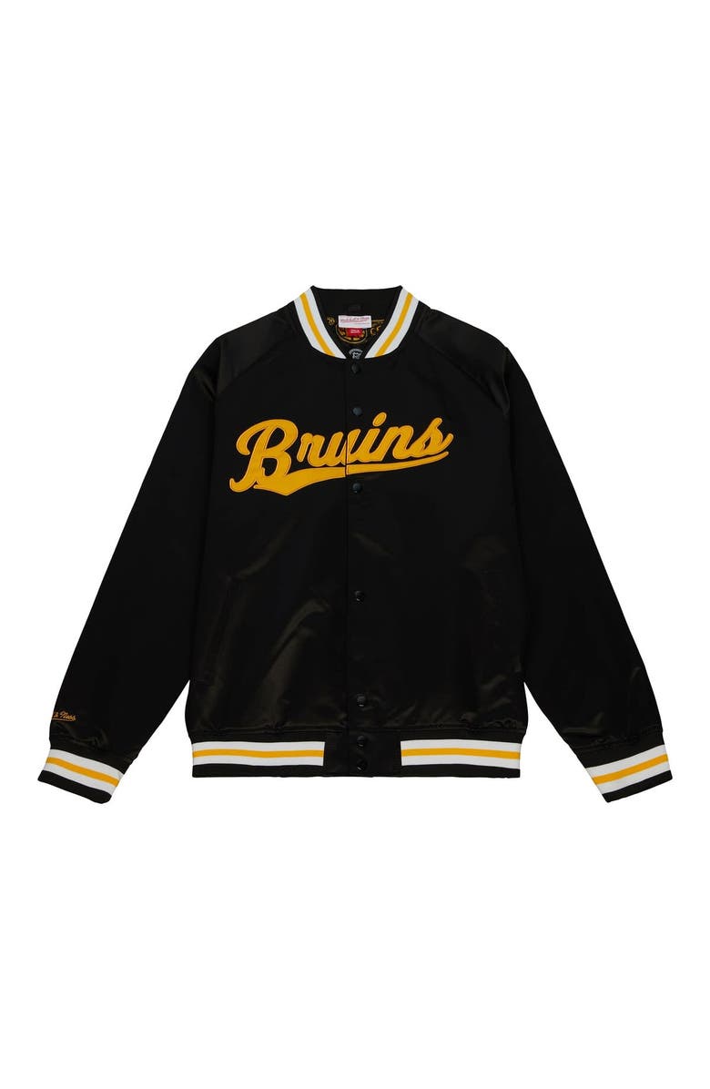 Mitchell & Ness Men's Mitchell & Ness Black Boston Bruins 100th Anniversary Satin Raglan Full-Snap Jacket, Alternate, color,