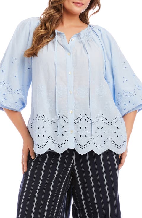 Eyelet Embroidered Cotton Button-Up Top (Plus)