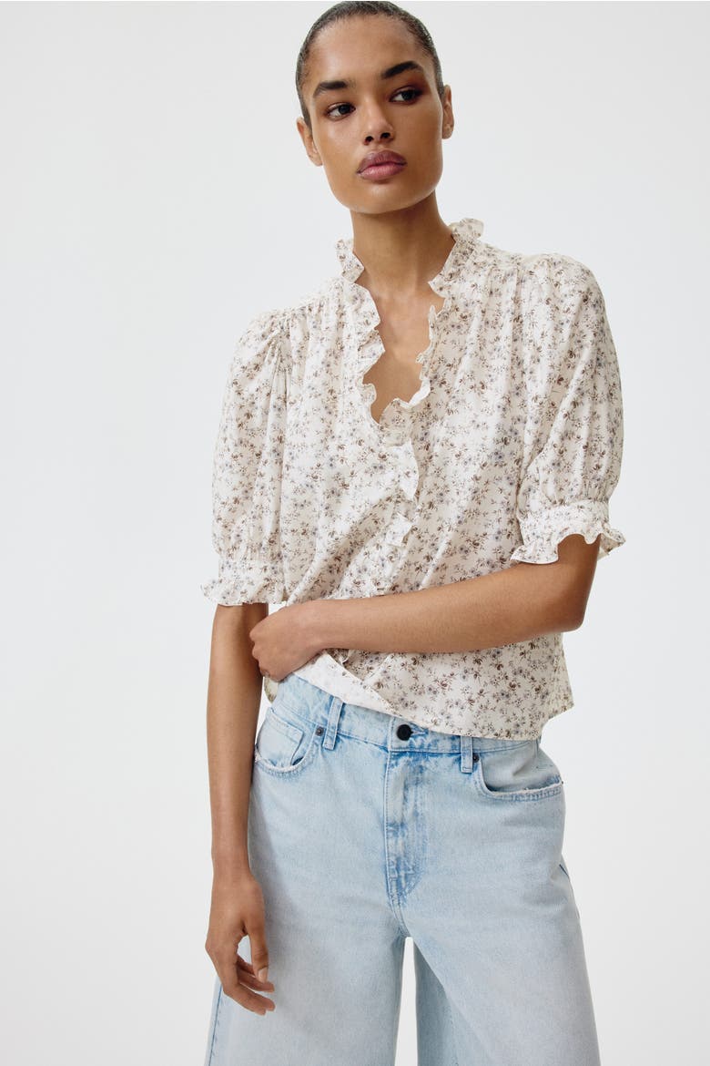Ruffled Puff-sleeved Blouse, Main, color, Cream/floral