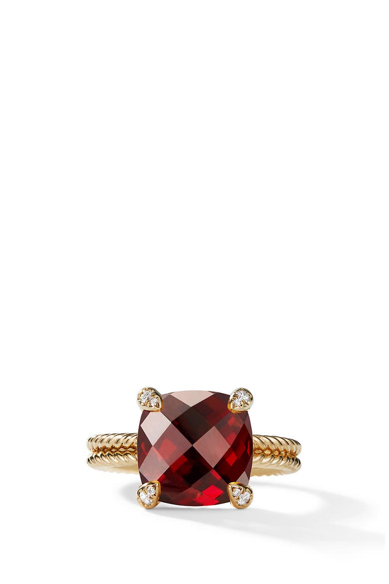 Châtelaine Ring with Semiprecious Stone and Diamonds in 18K Gold, Alternate, color, GARNET