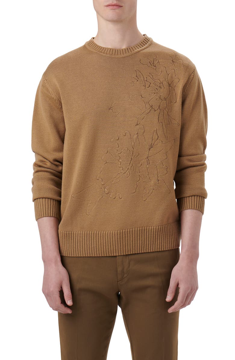 Bugatchi Embroidered Merino Wool Crewneck Sweater, Main, color, Camel