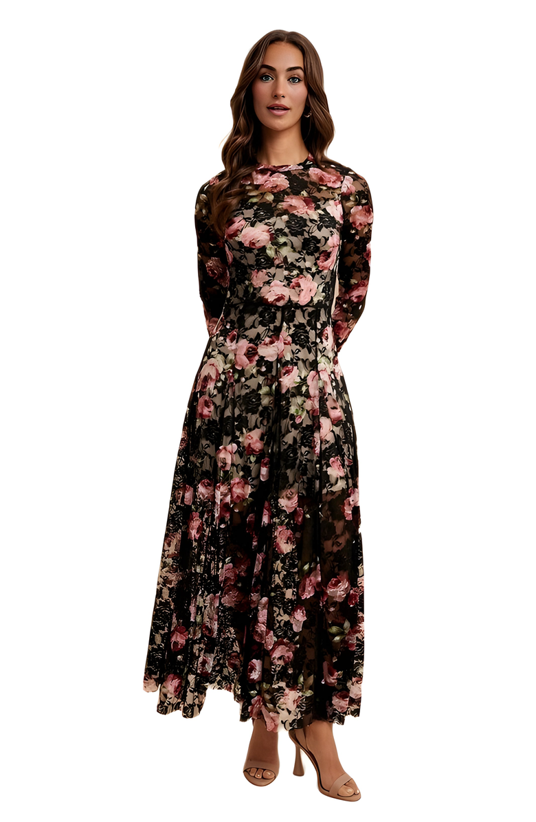 Knit and Lounge Long Sleeve Floral Lace Maxi Dress With Sheer Illusion Details, Alternate, color,