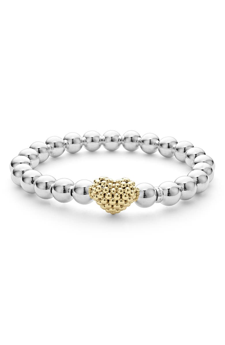 LAGOS Heart Charm Beaded Stretch Bracelet, Main, color, Silver Gold