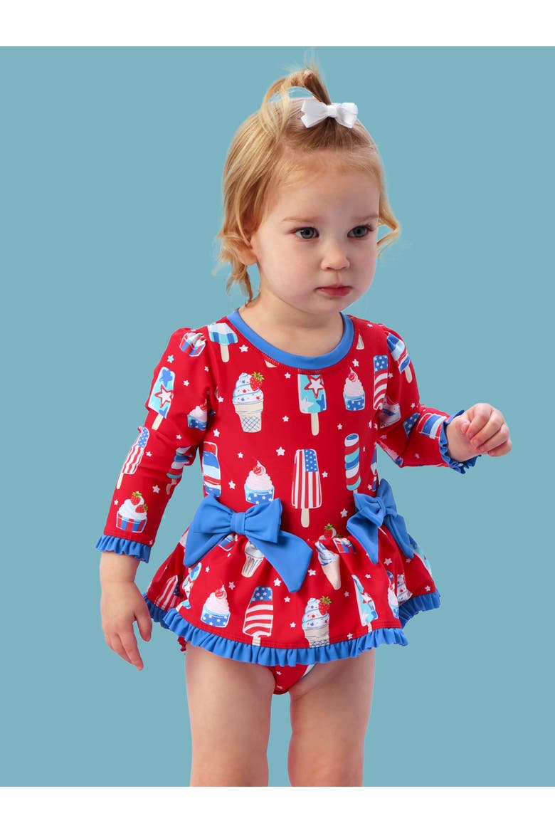 UPF50+ Long Sleeve One Piece Bow Peplum Rash Guard Swimsuit, Alternate, color, Stars & Scoops