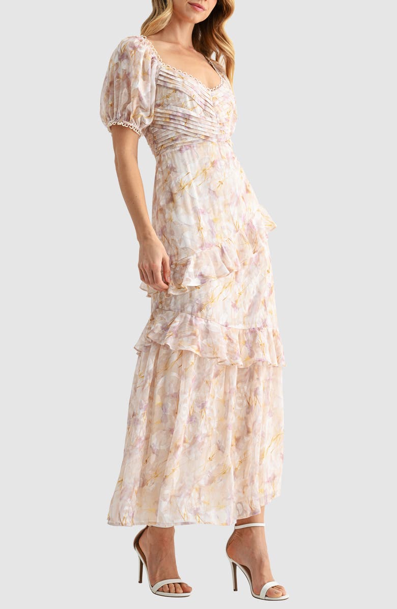 Mila Mae Floral Pleat Detail Ruffled Maxi Dress, Alternate, color, Yellow Floral