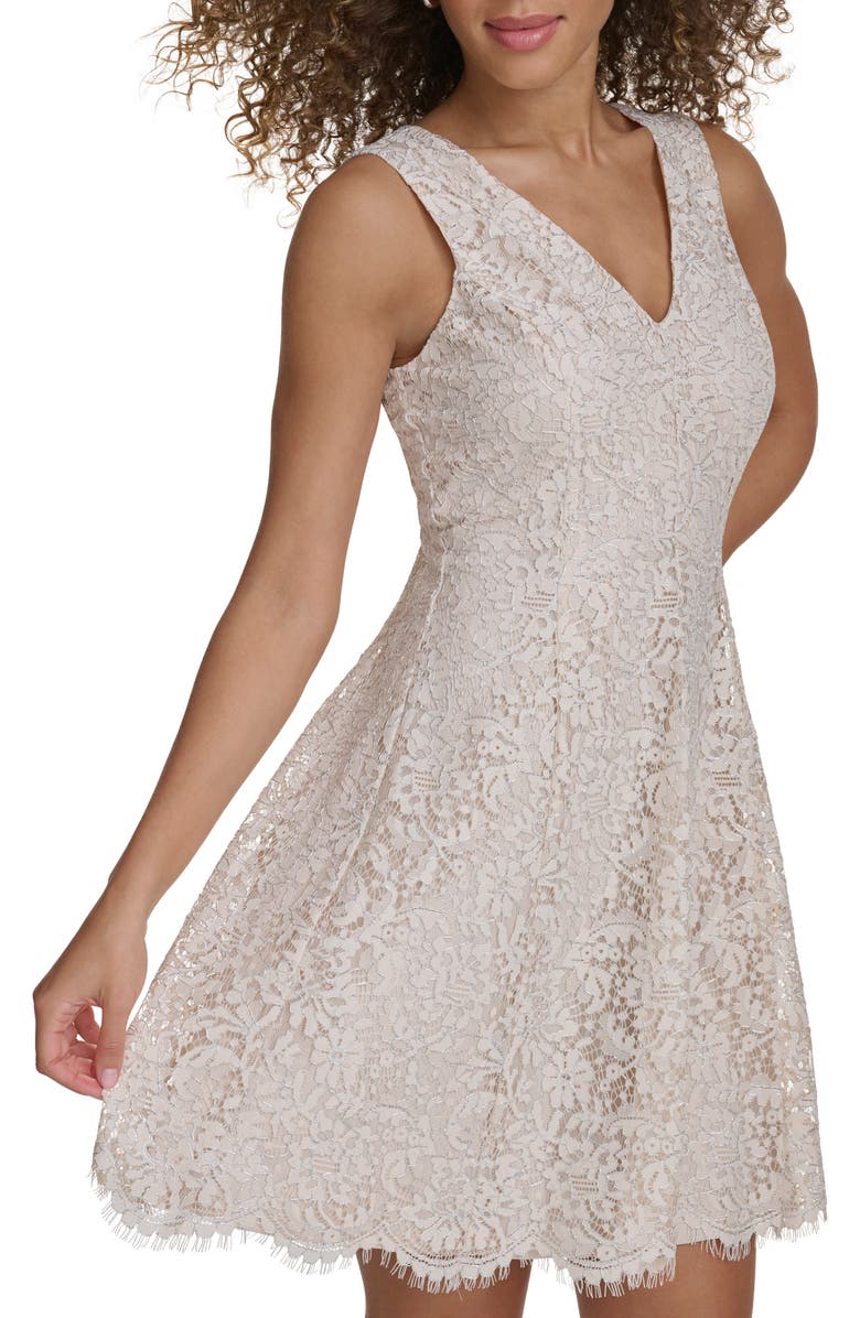Kensie Metallic Lace Fit & Flare Dress, Alternate, color, Pearl / Silver