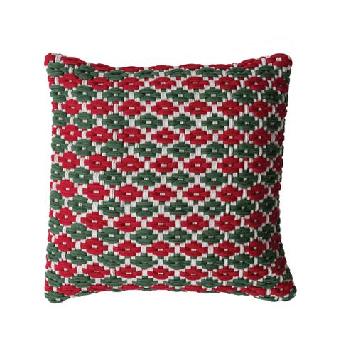 Cotton Chindi Pillow with Pattern, Natural, Green & Red