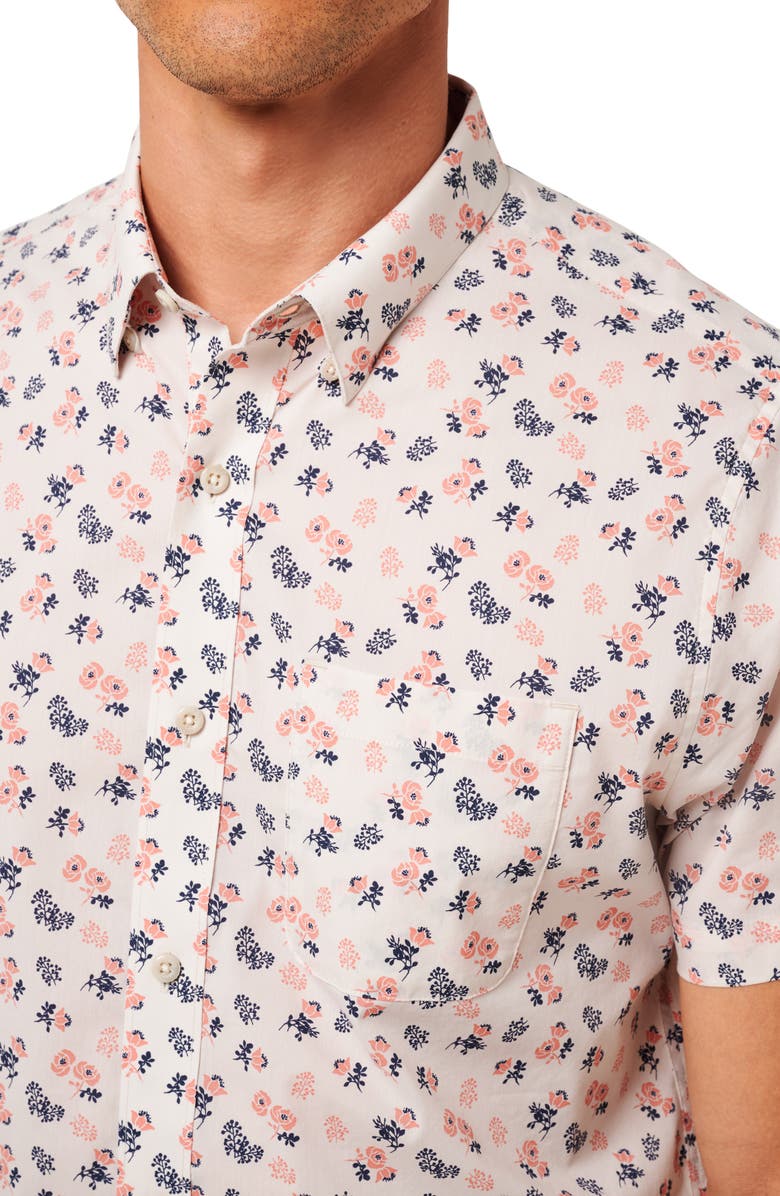 TravisMathew Something New Floral Short Sleeve Stretch Cotton Blend Button-Up Shirt, Alternate, color, Moonbeam