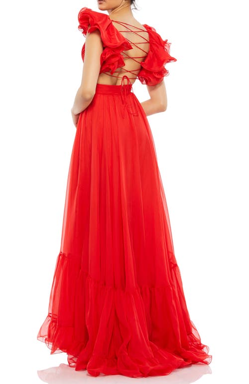 Mac Duggal Rosette Chiffon Cutout Empire Waist Gown In Red