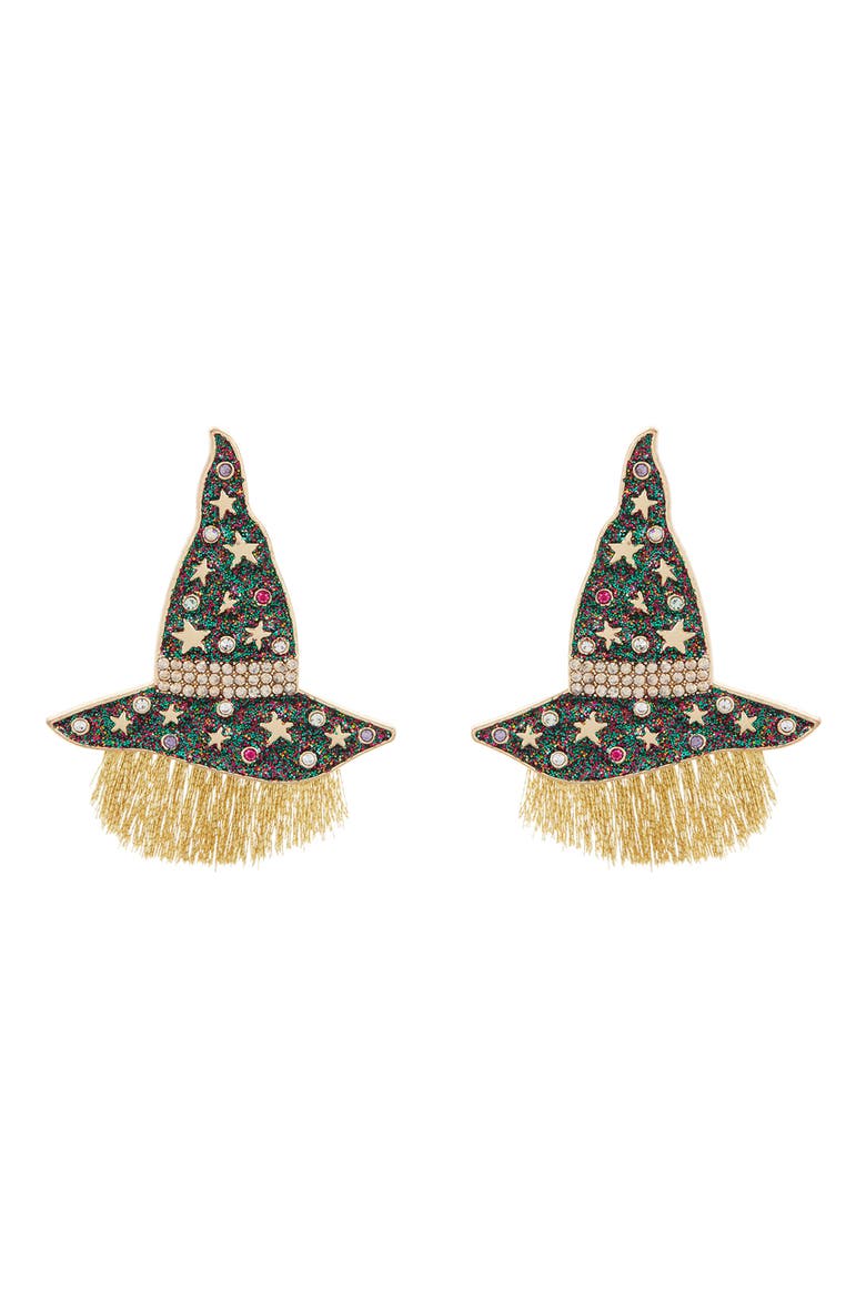 Gold-Tone Starry Witch Hat CZ Stud Earrings, Main, color, BLACK