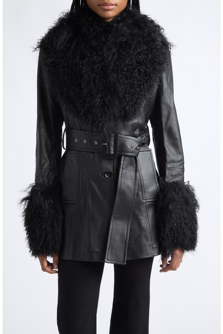 Mimmi Leather Jacket with Genuine Mongolian Shearling Trim, Main, color, BLACK