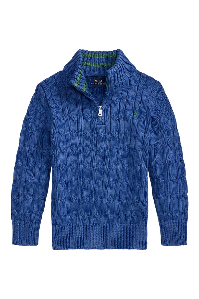 Kids' Cable Knit Half Zip Cotton Sweater, Main, color, DUSTY AZURE