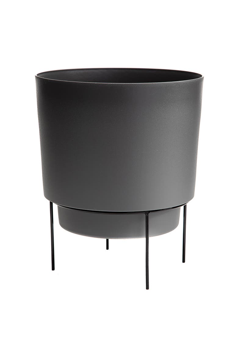 10" Hopson Round Planter with Black Metal Stand, Charcoal, Main, color, Gray