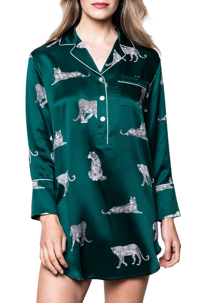 Panther Print Piped Mulberry Silk Nightshirt, Main, color, GREEN