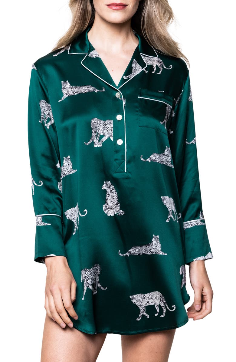 Petite Plume Panther Print Piped Mulberry Silk Nightshirt, Main, color,