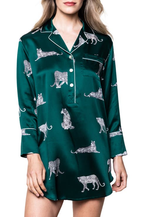 Panther Print Piped Mulberry Silk Nightshirt