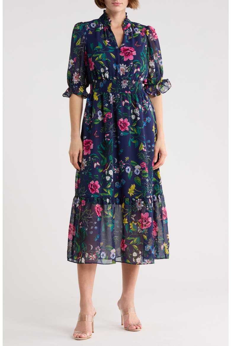 Floral Ruffle Collar Midi Dress, Main, color, NAVY MULTI