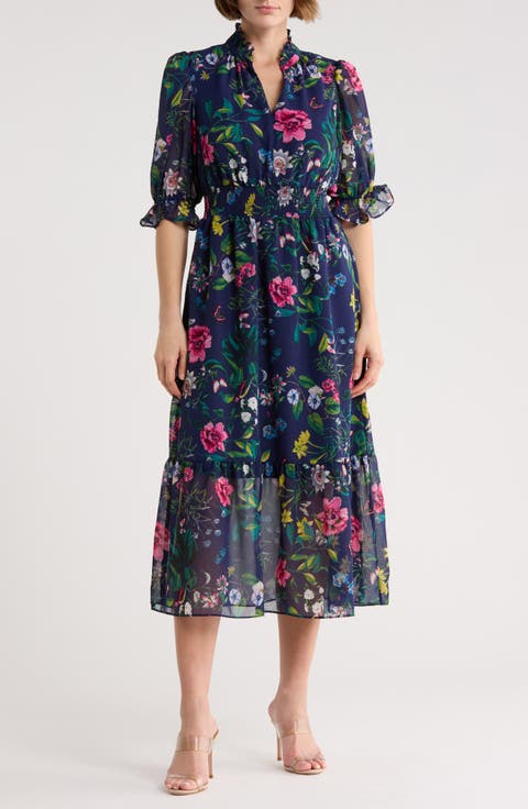 Floral Ruffle Collar Midi Dress