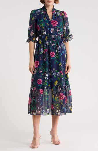 Eliza J Floral Ruffle Collar Midi Dress