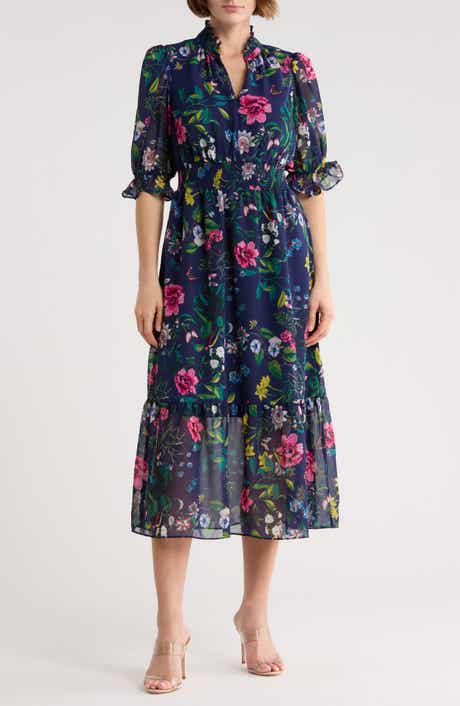 Eliza J Floral Ruffle Collar Midi Dress