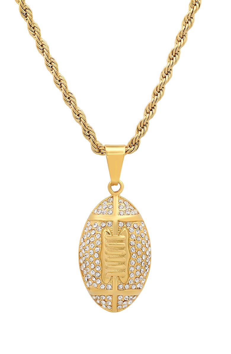 HMY JEWELRY Mens' 18K Gold Plate Stainless Steel Crystal Pavé Football Pendant Necklace, Main, color, Gold