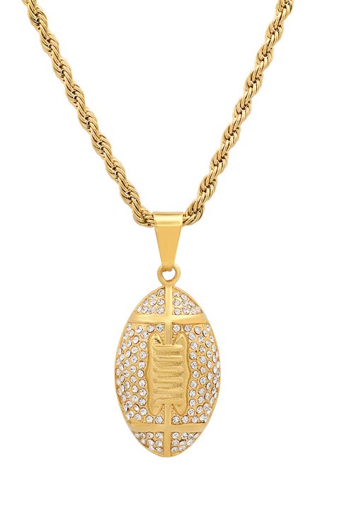 Mens' 18K Gold Plate Stainless Steel Crystal Pavé Football Pendant Necklace