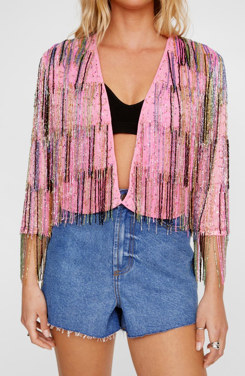 NASTY GAL Tiered Bead Fringe Crop Jacket, Main, color, 