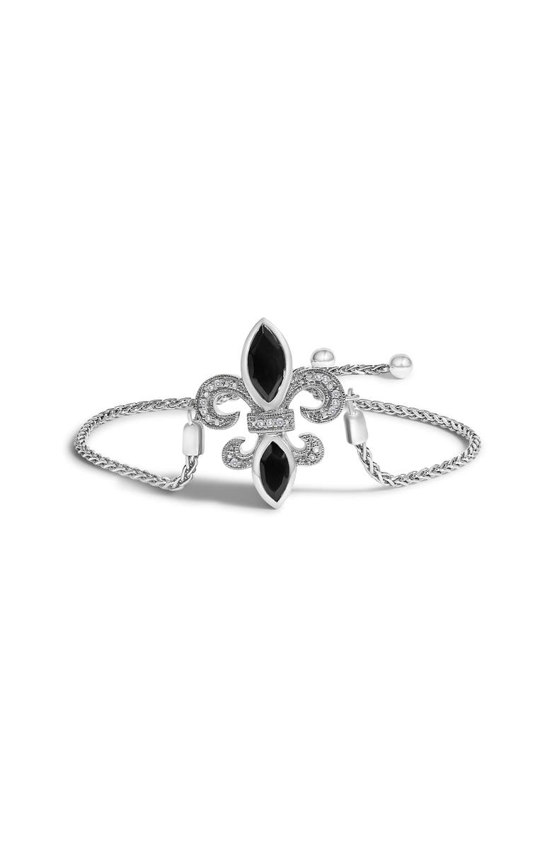 Haus of Brilliance Silver Marquise Black Onyx and Diamond Accent Lariat Fleur De Lis Bolo Bracelet, Alternate, color, White