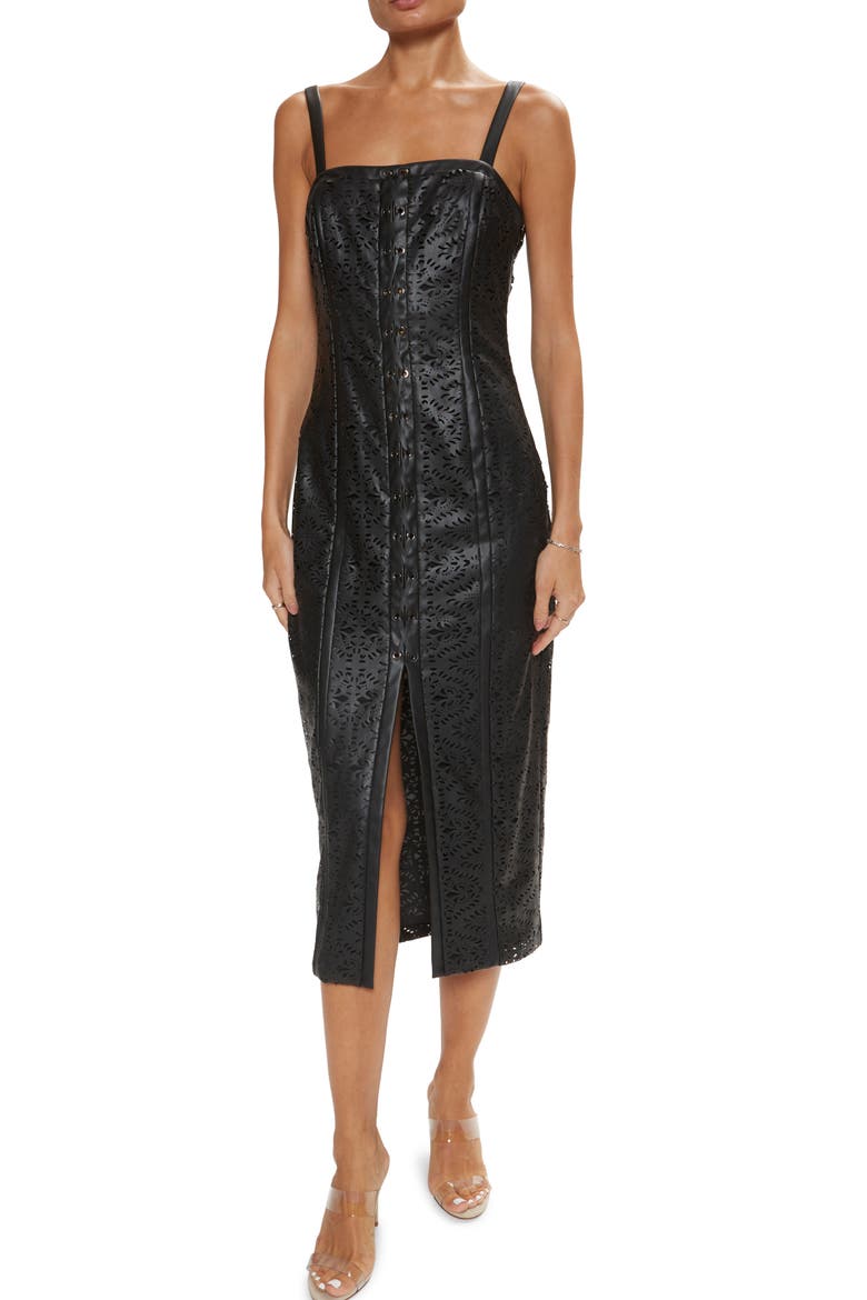 Miley Faux Leather Lasercut Midi Dress, Main, color, BLACK