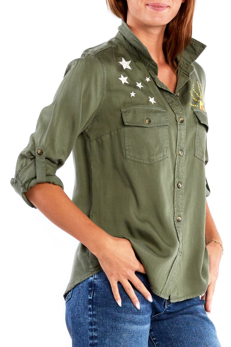 Hello Sunshine Embroidered Button-Up Shirt, Alternate, color, SOFT OLIVE