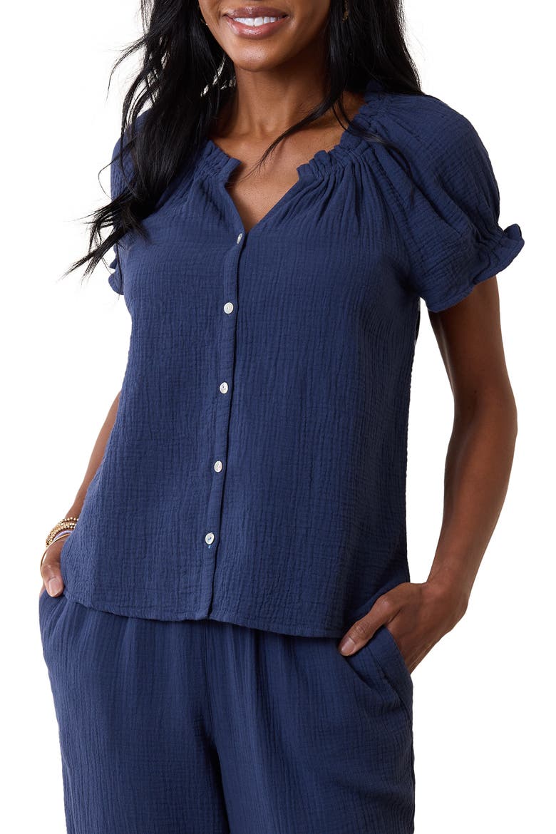 Coral Isle Cotton Button-Up Top, Alternate, color, ISLAND NAVY