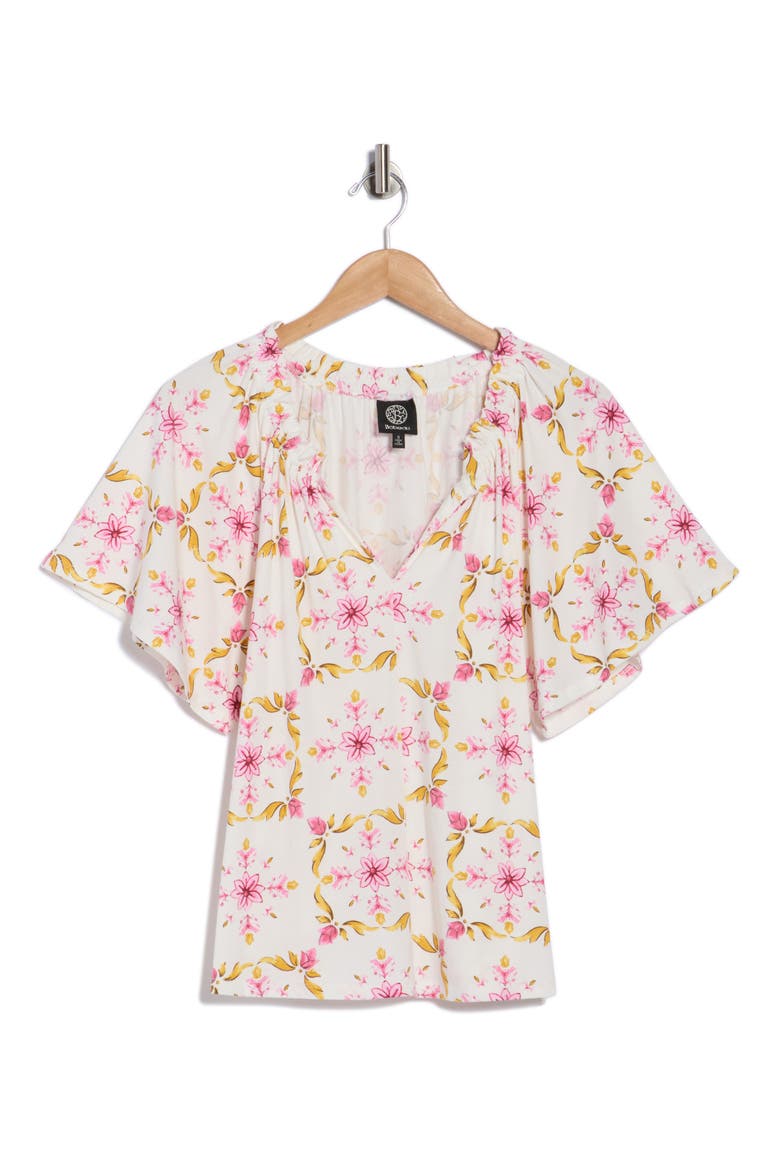 Ruffle Split Neck T-Shirt, Alternate, color, YELLOW/ PINK TILE-