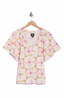 Bobeau Ruffle Split Neck T-Shirt