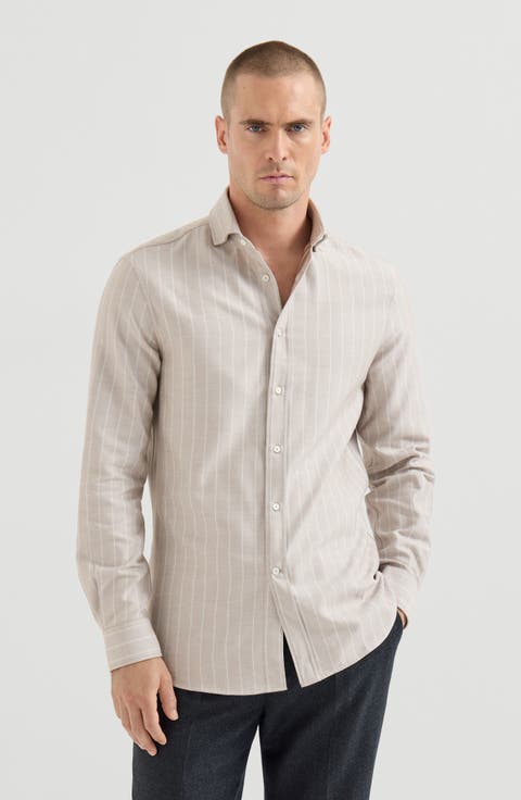 Lyocell and cotton chalk stripe flannel shirt with spread collar