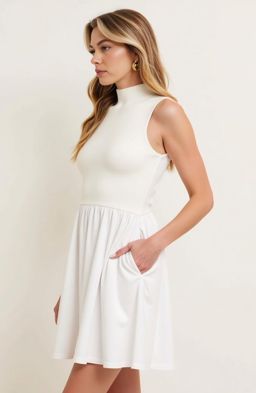 Modenaire Mock Neck Sleeveless Mini Dress With Gathered Skirt And Pockets