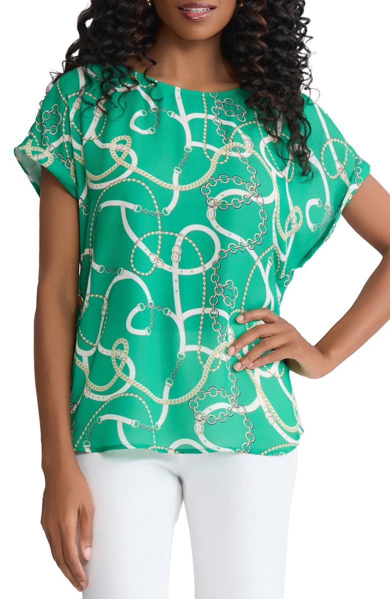 Jones New York Chain Print Side Button Top, Main, color, Kelly Multi