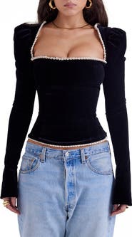 HOUSE OF CB Noa Puff Shoulder Velvet Top