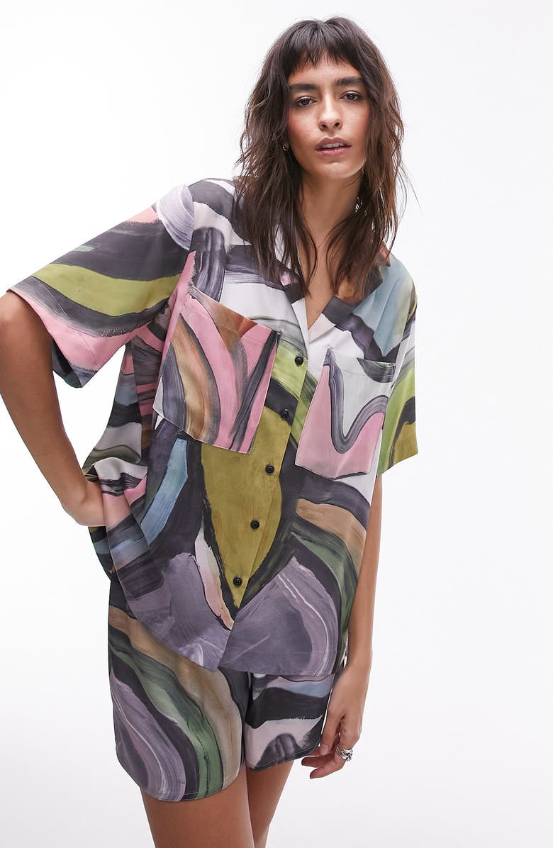 Topshop Oversize Abstract Print Satin Shirt, Alternate, color,