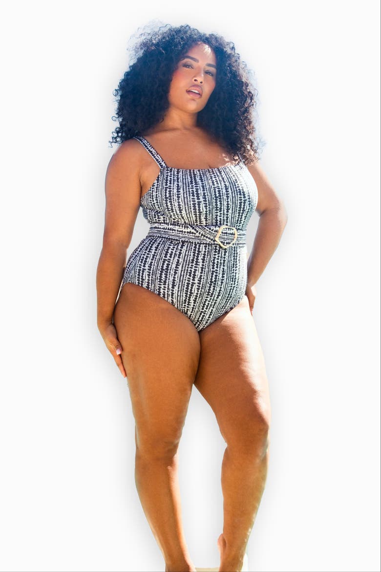Square Neck Sculpting Belted Swimsuit, Alternate, color, Black