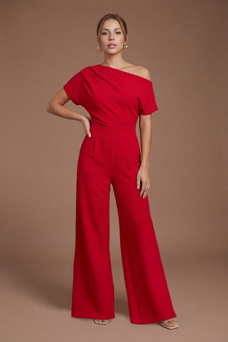 Petite Off Shoulder Jumpsuit, Alternate, color, Flame Red