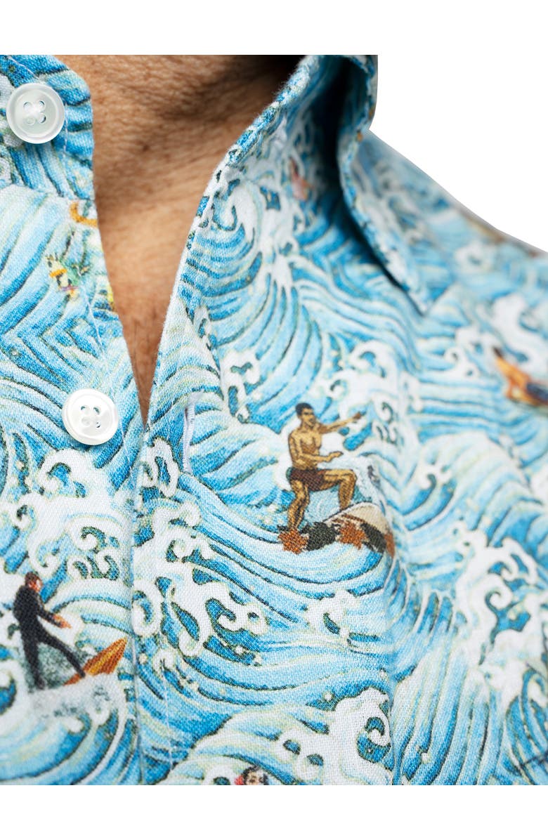 Robert Talbott Morgan Surf Printed Linen Short Sleeve Shirt, Alternate, color, Blue Waves