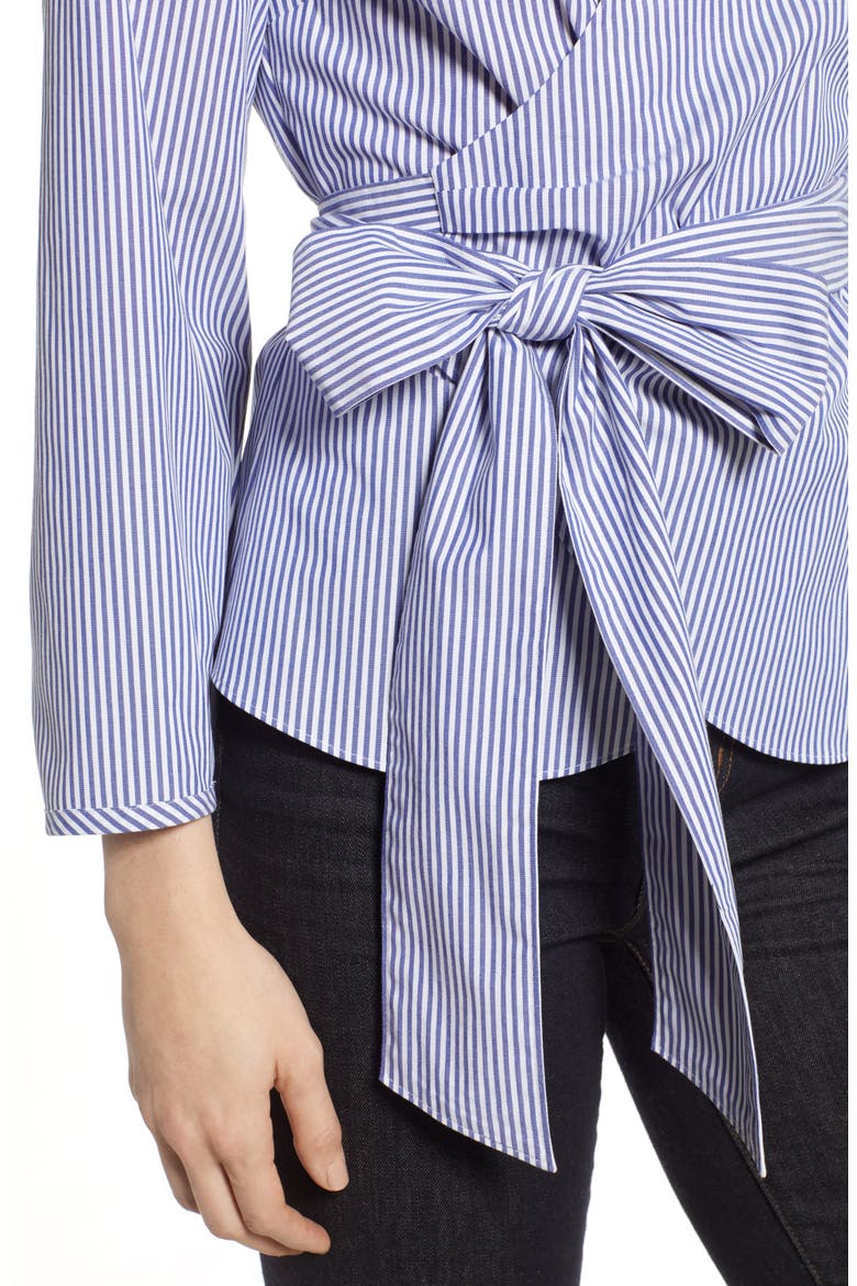 Stretch Cotton Stripe Wrap Top, Alternate, color, BLUE