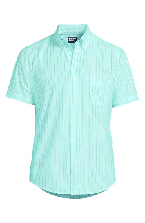 Lands' End Short Sleeve Essential Lightweight Poplin In Pale Aqua Ice/green Stripe