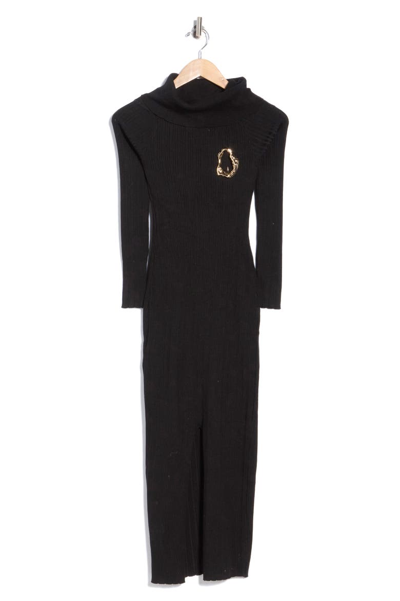 Buckle Detail Ribbed Midi Dress, Main, color, BLACK