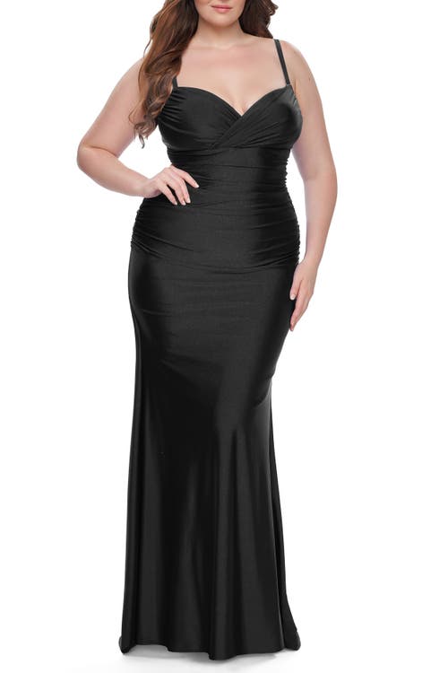 La Femme Ruched Jersey Plus Size Dress With Lace Up Back