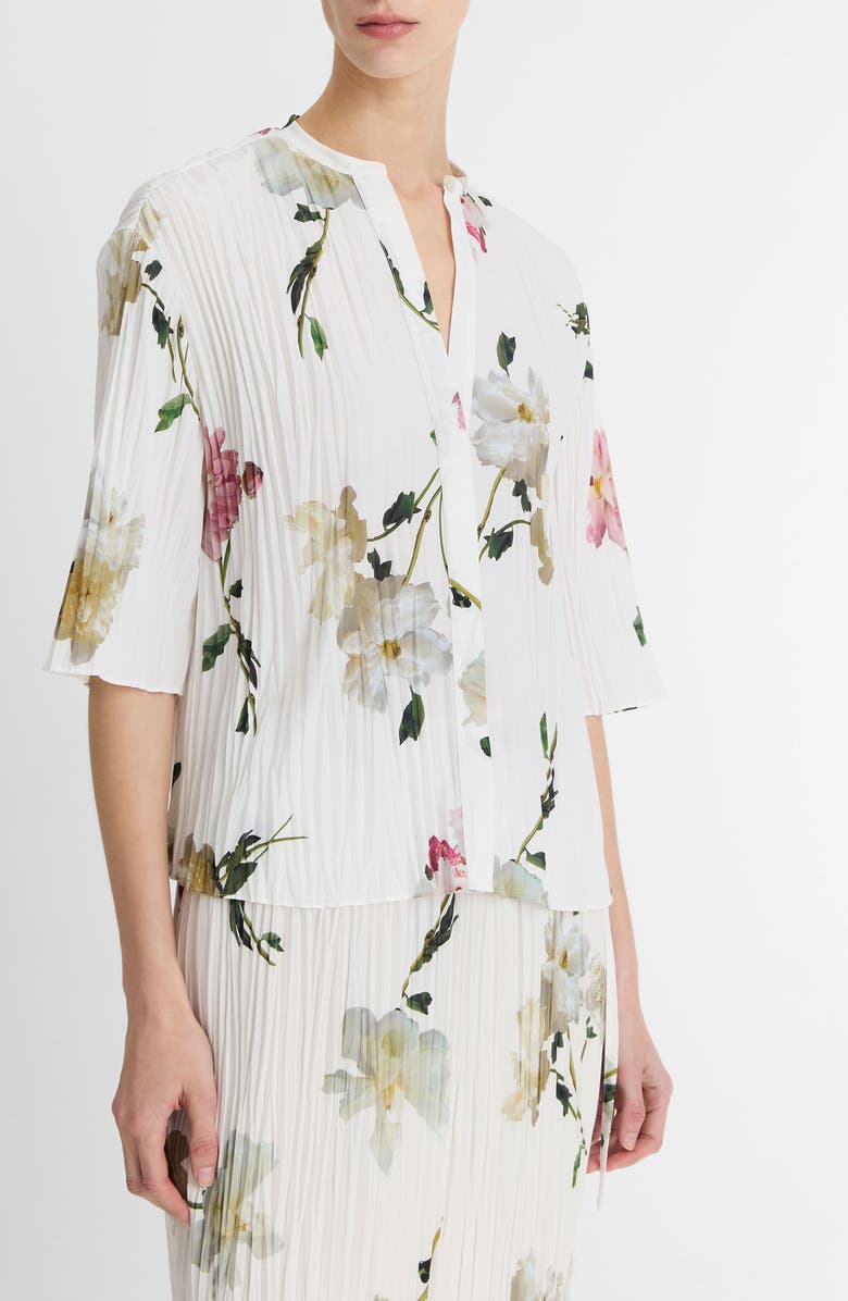 Vince Wilted Peony Plissé Button-Up Shirt, Alternate, color, White Peony